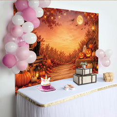 Lofaris Rustic Halloween Backdrop with Jack-o'-lanterns, Ghosts, and Black Cat, Autumn Fall Leaves Photography Background for Party Decor