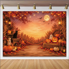 Lofaris Rustic Halloween Backdrop with Jack-o'-lanterns, Ghosts, and Black Cat, Autumn Fall Leaves Photography Background for Party Decor
