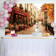 Lofaris Autumn European Cafe Backdrop with Fall Foliage and Pumpkins, Charming Cobblestone Street Background for Studio Photography