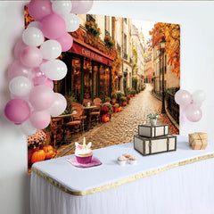 Lofaris Autumn European Cafe Backdrop with Fall Foliage and Pumpkins, Charming Cobblestone Street Background for Studio Photography