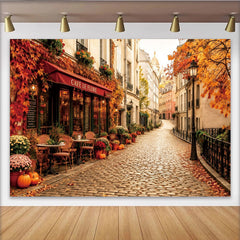 Lofaris Autumn European Cafe Backdrop with Fall Foliage and Pumpkins, Charming Cobblestone Street Background for Studio Photography