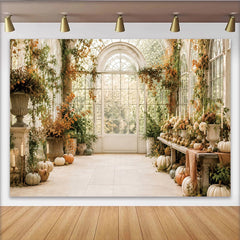 Lofaris Elegant Autumn Greenhouse Photography Backdrop, Rustic Fall Leaves and Pumpkins Window Background for Photoshoot