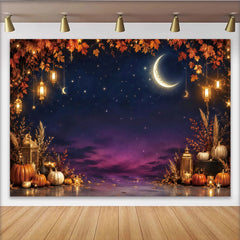 Lofaris Enchanting Autumn Night Holiday Backdrop with Crescent Moon, Stars, and Pumpkins, Fall Harvest Party Decor for Photography