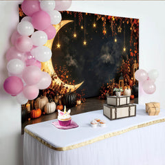 Lofaris Autumn Night Moon Photography Backdrop with Pumpkins and Stars, Dark Sky Studio Background for Fall Photoshoot