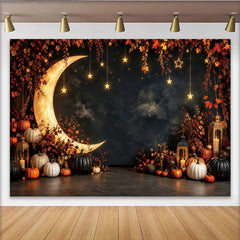 Lofaris Autumn Night Moon Photography Backdrop with Pumpkins and Stars, Dark Sky Studio Background for Fall Photoshoot