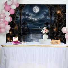Lofaris Gothic Moonlit Photography Backdrop with Dark Roses and Arches, Elegant Night Scene Background for Portrait and Event Decor.