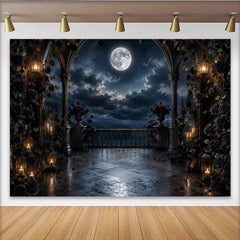 Lofaris Gothic Moonlit Photography Backdrop with Dark Roses and Arches, Elegant Night Scene Background for Portrait and Event Decor.