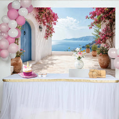 Lofaris White Mediterranean Photography Backdrop with Blue Door and Pink Bougainvillea, Scenic Sea View Background for Vacation and Party Decor