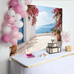 Lofaris White Mediterranean Photography Backdrop with Blue Door and Pink Bougainvillea, Scenic Sea View Background for Vacation and Party Decor