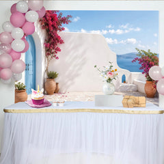 Lofaris Blue Door Mediterranean Photography Backdrop, Pink Bougainvillea Island Background for Studio Photoshoot