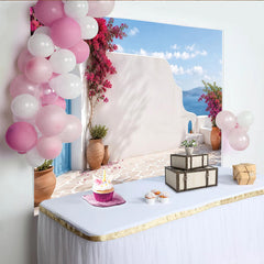 Lofaris Blue Door Mediterranean Photography Backdrop, Pink Bougainvillea Island Background for Studio Photoshoot