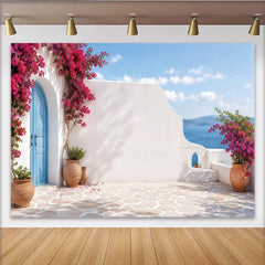 Lofaris Blue Door Mediterranean Photography Backdrop, Pink Bougainvillea Island Background for Studio Photoshoot