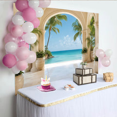Lofaris Luxurious Tropical Beach Arch Photography Backdrop with Palm Trees and Ocean View, Elegant Scenic Background for Studio Photoshoot