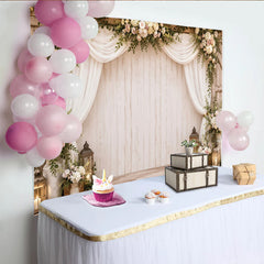 Lofaris Rustic Wood Floral Photography Backdrop with White Drapes, Elegant Studio Background for Portrait Photoshoot and Event Decor