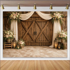 Lofaris Rustic Barn Door Wedding Backdrop with Elegant Floral Drapes, Romantic Lanterns Photography Background for Bridal Shower