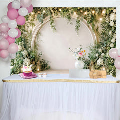 Lofaris Elegant White Arch Floral Photography Backdrop with Greenery and String Lights, Rustic Wood Floor Background for Wedding Party Decor