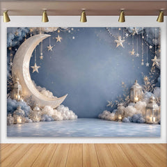 Lofaris Dreamy Blue Moon and Stars Photography Backdrop with Soft Clouds, Night Sky Background for Baby Shower and Studio Photoshoot