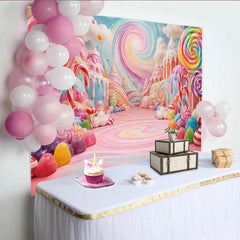 Lofaris Whimsical Pastel Candy Land Birthday Backdrop with Lollipops and Sweets, Colorful Dessert Party Background for Kids Photoshoot Decor