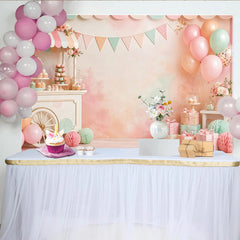 Lofaris Pastel Dessert Cart Birthday Backdrop with Balloons and Gifts, Sweet Watercolor Background for Baby Shower or Photoshoot
