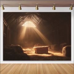 Lofaris Rustic Barn Nativity Christmas Backdrop with Golden Light and Hay, Manger Scene Photography Background for Holiday Celebration