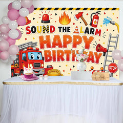 Lofaris Cartoon Firefighter Birthday Backdrop with Fire Truck and Siren, Sound the Alarm Theme Photo Background for Kids Party Decor
