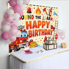 Lofaris Cartoon Firefighter Birthday Backdrop with Fire Truck and Siren, Sound the Alarm Theme Photo Background for Kids Party Decor