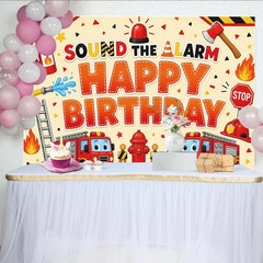 Lofaris Cartoon Firefighter Happy Birthday Backdrop with Fire Trucks and Alarm, Vibrant Fire Station Theme for Kids Party Photography