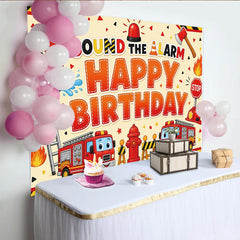 Lofaris Cartoon Firefighter Happy Birthday Backdrop with Fire Trucks and Alarm, Vibrant Fire Station Theme for Kids Party Photography