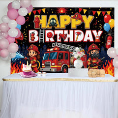 Lofaris Firefighter Cartoon Happy Birthday Backdrop with Red Fire Truck, Cute Fireman Party Background for Kids Photo Booth Props