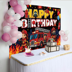 Lofaris Firefighter Cartoon Happy Birthday Backdrop with Red Fire Truck, Cute Fireman Party Background for Kids Photo Booth Props