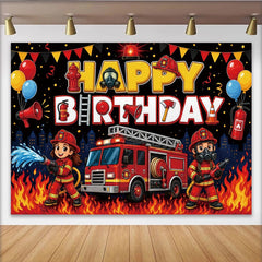 Lofaris Firefighter Cartoon Happy Birthday Backdrop with Red Fire Truck, Cute Fireman Party Background for Kids Photo Booth Props