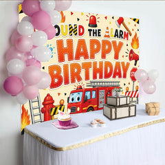 Lofaris Cartoon Firefighter Birthday Backdrop with Fire Truck and Alarm, Exciting Party Background for Kids Photo Booth