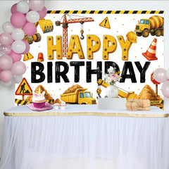 Lofaris Yellow Construction Birthday Backdrop with Excavator and Dump Truck, Fun Party Decoration for Kids Photoshoot