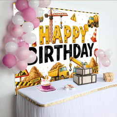 Lofaris Yellow Construction Birthday Backdrop with Excavator and Dump Truck, Fun Party Decoration for Kids Photoshoot