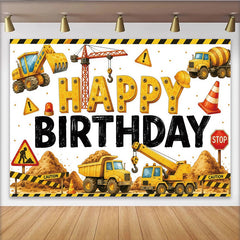 Lofaris Yellow Construction Birthday Backdrop with Excavator and Dump Truck, Fun Party Decoration for Kids Photoshoot