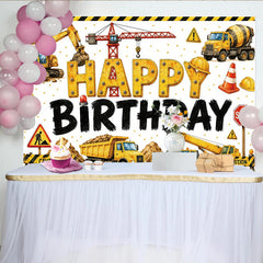 Lofaris Yellow Construction Birthday Backdrop with Excavator, Crane, and Dump Truck for Boys Party, Industrial Theme Photo Background Decor