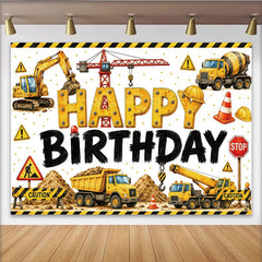 Lofaris Yellow Construction Birthday Backdrop with Excavator, Crane, and Dump Truck for Boys Party, Industrial Theme Photo Background Decor
