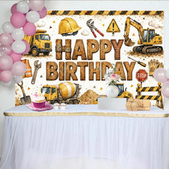 Lofaris Construction Happy Birthday Backdrop with Dump Truck and Excavator, Fun Party Background for Kids Photo Booth Decor