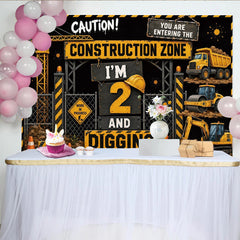 Lofaris Construction Zone 2nd Birthday Backdrop with Yellow Trucks and Digging Theme, Party Decoration for Kids Photoshoot