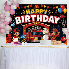 Lofaris Cartoon Firefighter Birthday Backdrop with Fire Truck and Balloons for Kids Party, Hero Theme Photography Background Decor