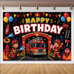 Lofaris Cartoon Firefighter Birthday Backdrop with Fire Truck and Balloons for Kids Party, Hero Theme Photography Background Decor
