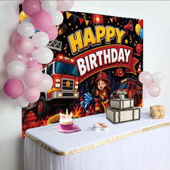 Lofaris Cartoon Firefighter Happy Birthday Backdrop with Fire Trucks and Balloons, Vibrant Party Background for Kids Photoshoot and Celebration