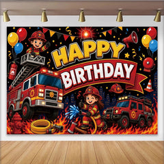 Lofaris Cartoon Firefighter Happy Birthday Backdrop with Fire Trucks and Balloons, Vibrant Party Background for Kids Photoshoot and Celebration