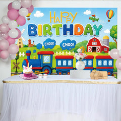 Lofaris Colorful Cartoon Train Happy Birthday Backdrop with Hot Air Balloons and Red Barn, Fun Party Decor for Kids Photoshoot and Celebration