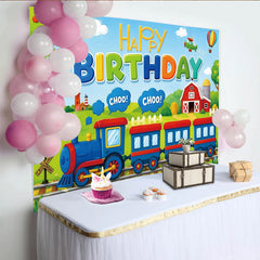 Lofaris Colorful Cartoon Train Happy Birthday Backdrop with Hot Air Balloons and Red Barn, Fun Party Decor for Kids Photoshoot and Celebration