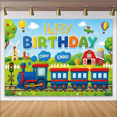 Lofaris Colorful Cartoon Train Happy Birthday Backdrop with Hot Air Balloons and Red Barn, Fun Party Decor for Kids Photoshoot and Celebration