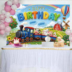 Lofaris Vibrant Cartoon Farm Animal Train Birthday Backdrop for Kids, Green Field Photo Background with Hot Air Balloon and Windmill