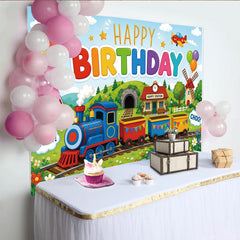 Lofaris Colorful Cartoon Train Happy Birthday Backdrop with Balloons, Cheerful Landscape Photography Background for Kids Party Decor