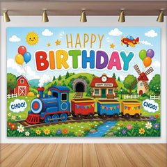 Lofaris Colorful Cartoon Train Happy Birthday Backdrop with Balloons, Cheerful Landscape Photography Background for Kids Party Decor
