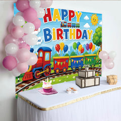 Lofaris Vibrant Cartoon Train Birthday Backdrop with Colorful Balloons, Cute Railway Scene Background for Kids Party Decoration